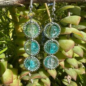 Elegant Silver, Turquoise, Green Dangle Earrings with 925 Hooks